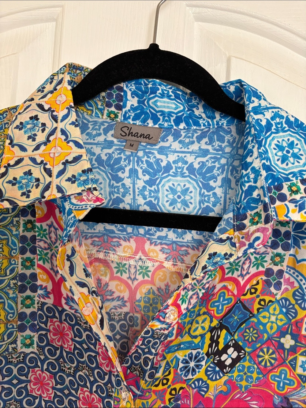 Shana Vibrant Blue and Pink Patchwork Button-Down Shirt - Picture 2 of 4